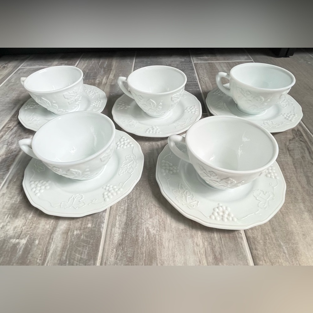 Milk glass coffee cups and saucers. Set of 5.